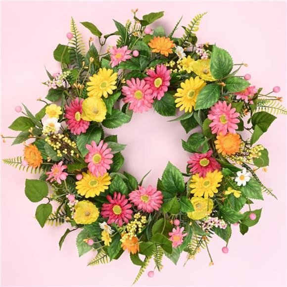 Spring Wreaths for Front Door, 22'' Summer Front Door Wreath with Daisy Flowers - Picture 1 of 7